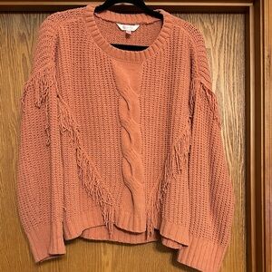 No Boundaries Coral Fringe Cable Knit Sweater